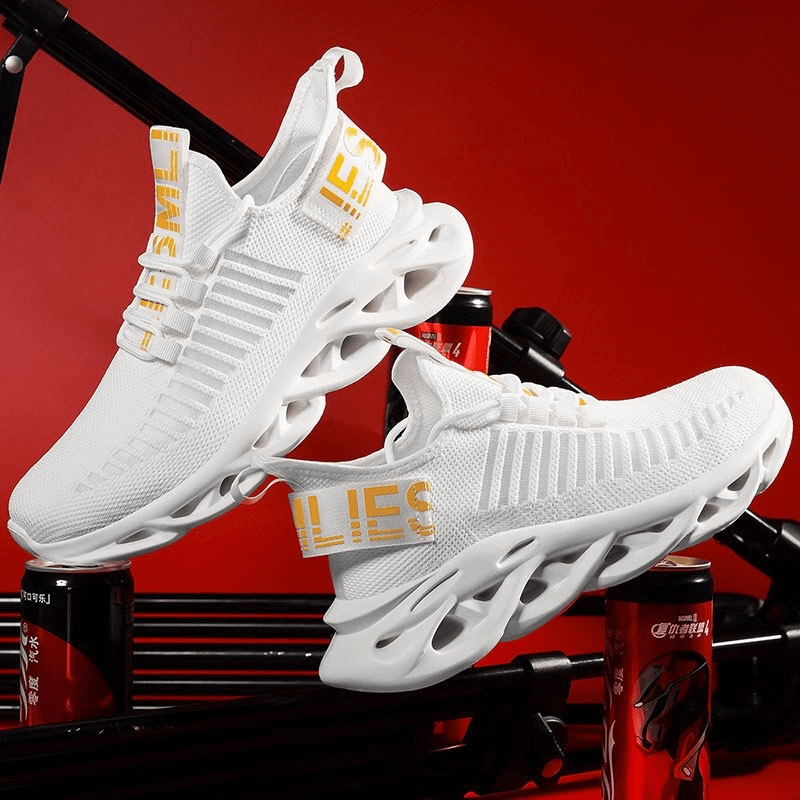 Sports Light Breathable Soft Women's Sneakers SF0256 in white with mesh material on display against a vibrant red backdrop.